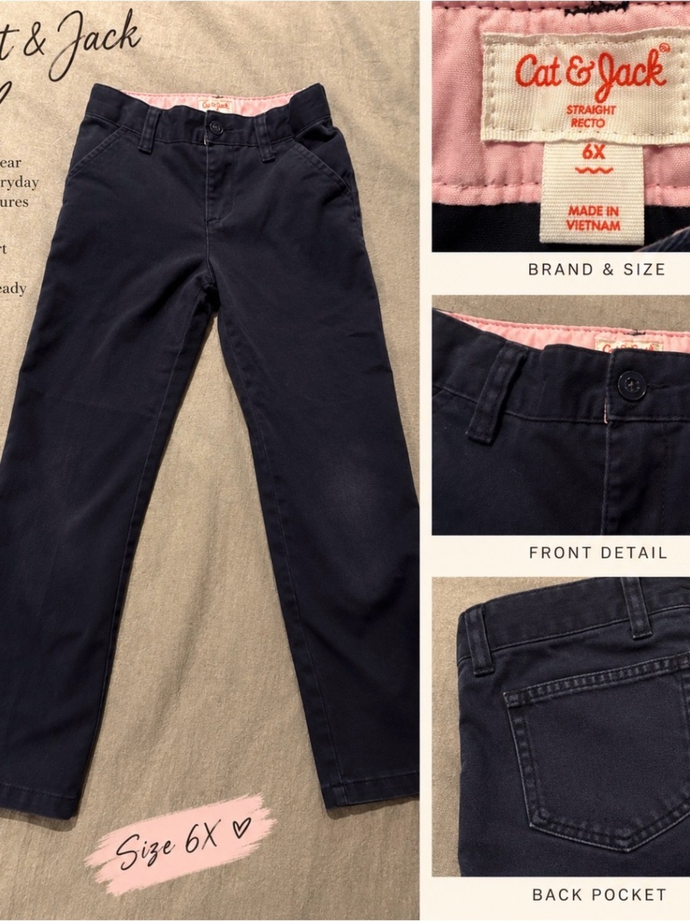 Cat & Jack Navy Girls Chino Pants with Pink Waistband
